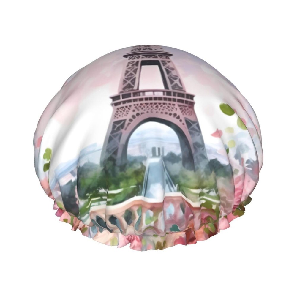 Women's Shower Cap with Paris Eiffel Tower and Floral Print