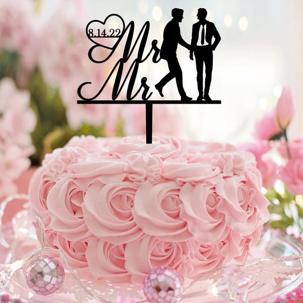 Mr & Mr Cake Topper for Men, Anniversary, Moon and Stars, Happy Birthday, Love Is Love, Black Acrylic