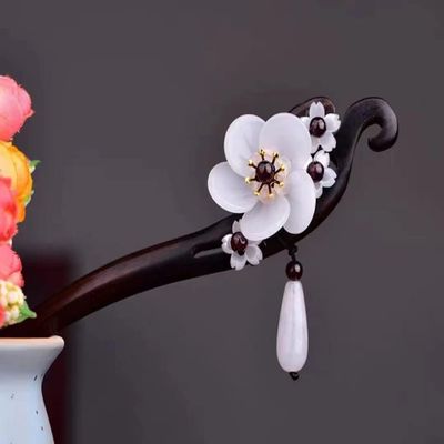 Chinese Hair Stick with Vintage Tassel, Black Sandalwood and Rhinestone Details