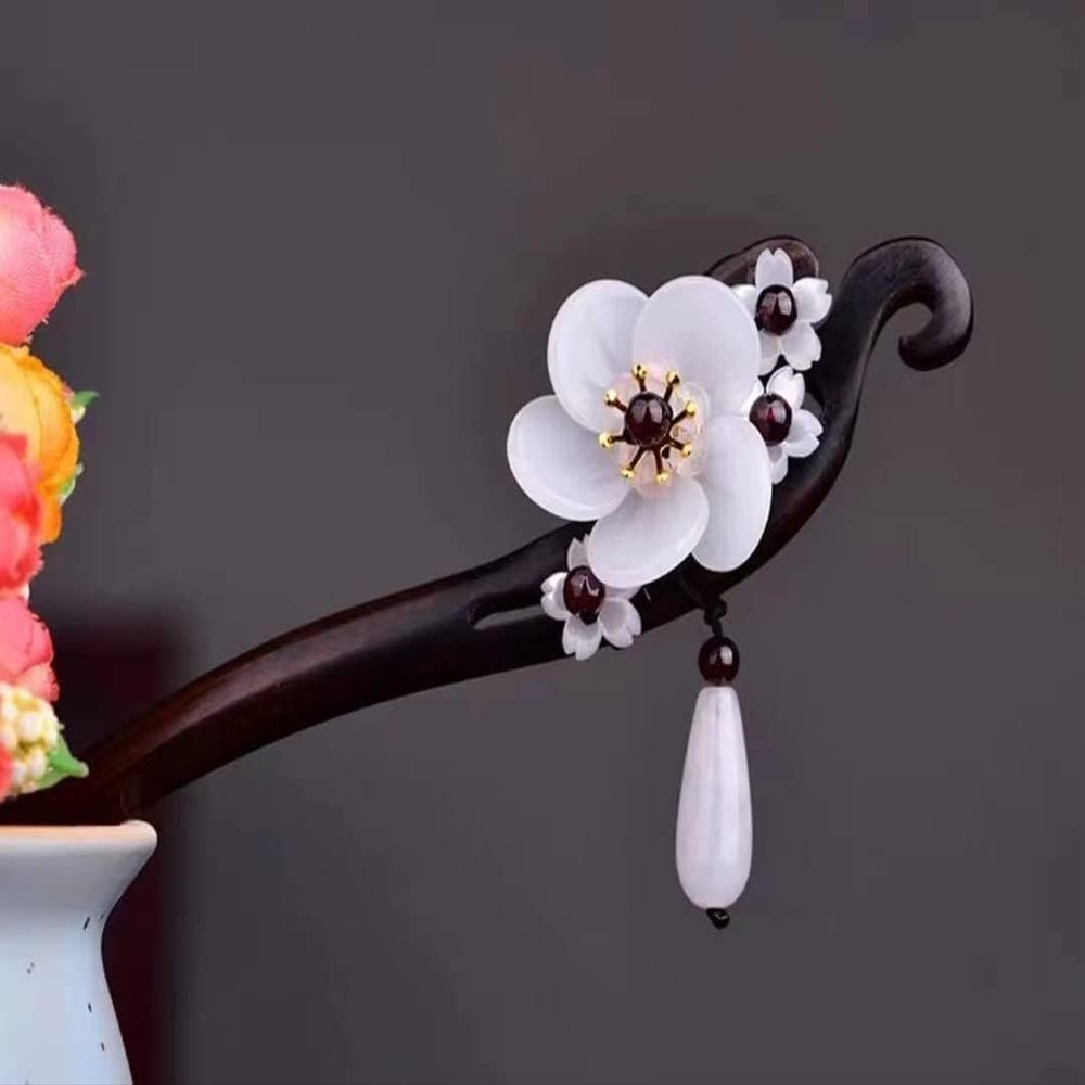 Chinese Hair Stick with Vintage Tassel, Black Sandalwood and Rhinestone Details