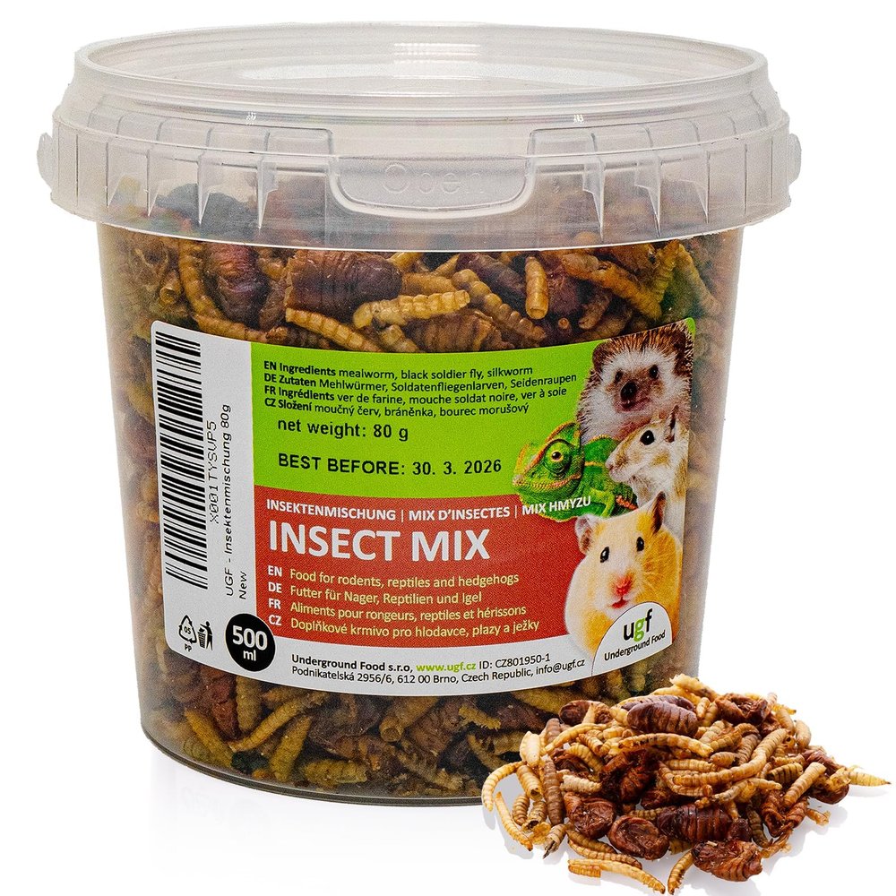 UGF Insect Mix – 80 g in a 500 ml Bucket, Hedgehog, Gerbil, Hamster, Rat & Lizard Food – Mealworms, Soldier Fly Larvae, Silkworms