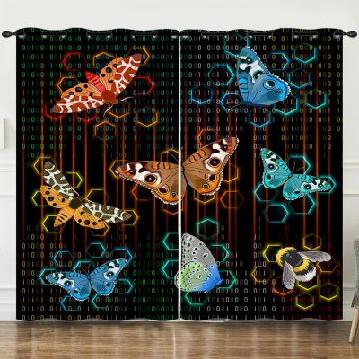 Orange Blue Butterfly Blackout Curtains, Opaque and Sound-Reducing, 2-Pack, 85 × 200 cm Each