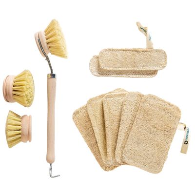 Chinchilla Set: 7 Luffa Sponges and Dish Brush with 3 Replacement Heads