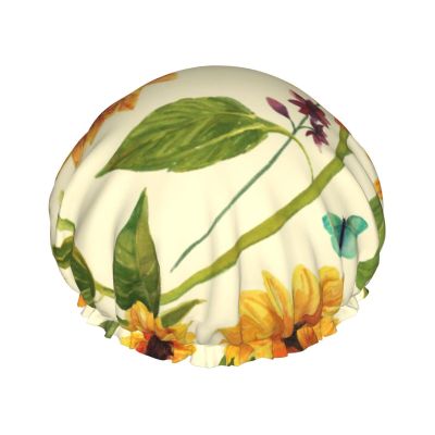Women's Reversible Waterproof Shower Cap with Sunflower and Butterfly Pattern