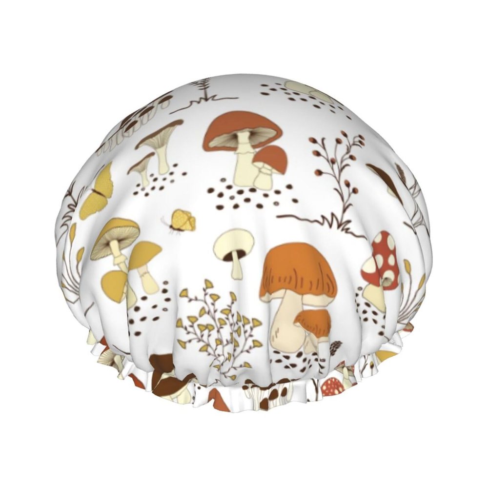 Reversible Waterproof Shower Cap with Mushroom and Butterfly Pattern