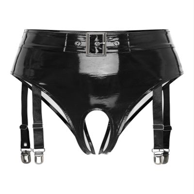Jugaoge Women's Sexy Patent-Look Open-Crotch Panties with Clips, Black, 3XL