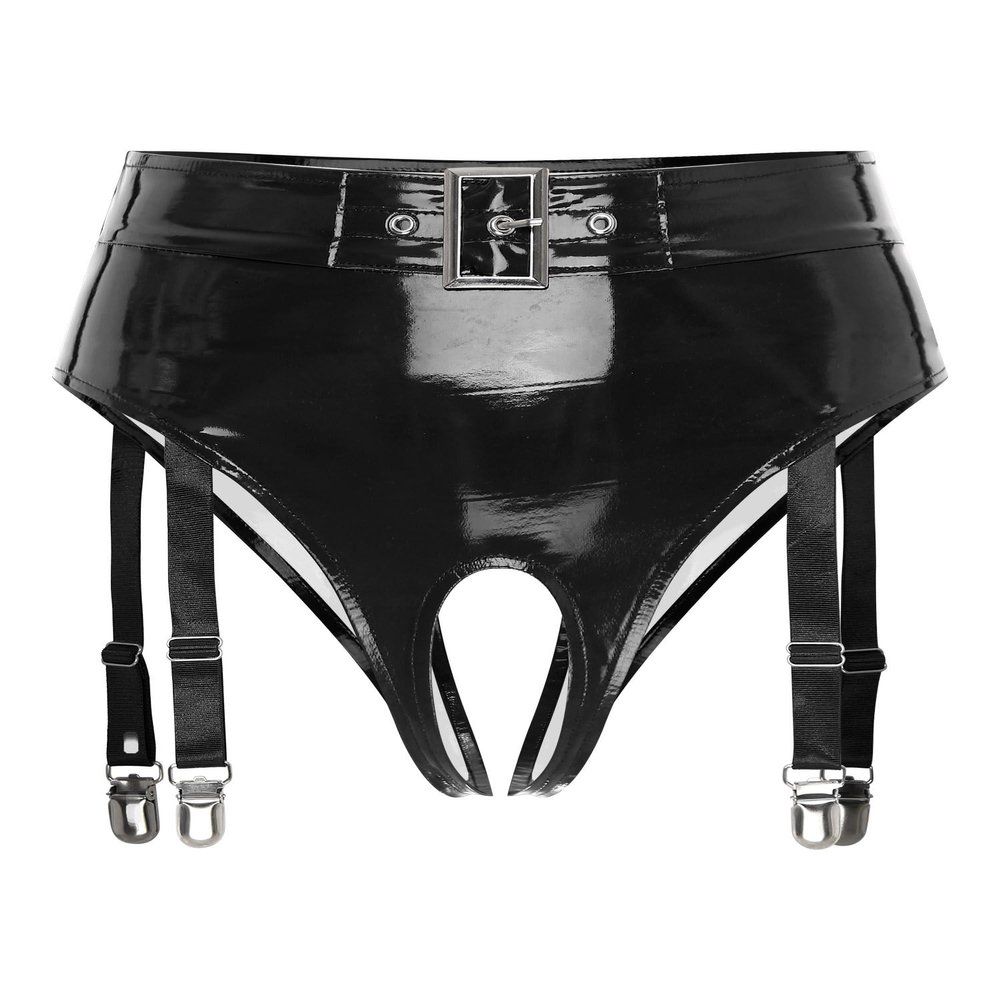 Jugaoge Women's Sexy Patent-Look Open-Crotch Panties with Clips, Black, 3XL