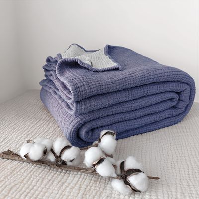 Four-Layer Two-Tone Muslin Blanket, Soft and Ultralight, Indigo/Beige, 130 x 150 cm