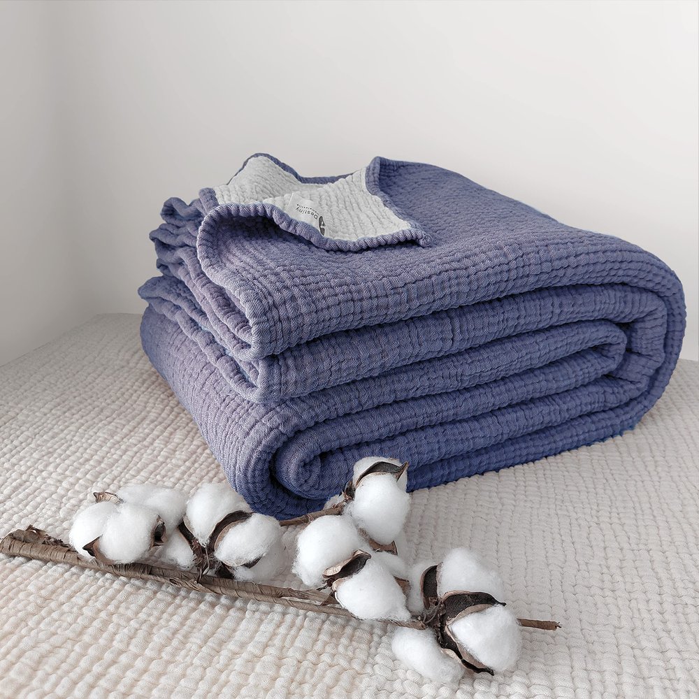 Four-Layer Two-Tone Muslin Blanket, Soft and Ultralight, Indigo/Beige, 130 x 150 cm