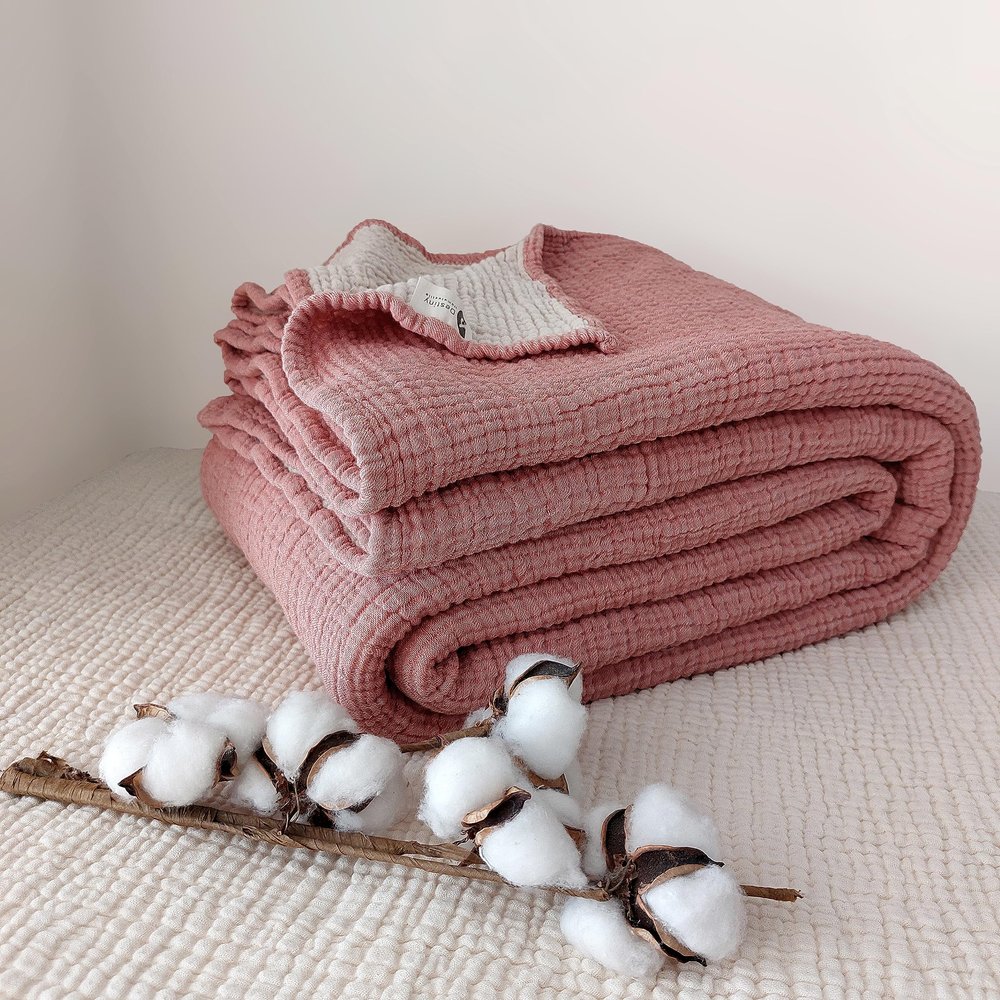 DestinyHomeTex 4-Layer Two-Tone Muslin Blanket, Ultra-Soft and Lightweight, Baby, 100 x 120 cm, Terracotta and Beige, No Fringes