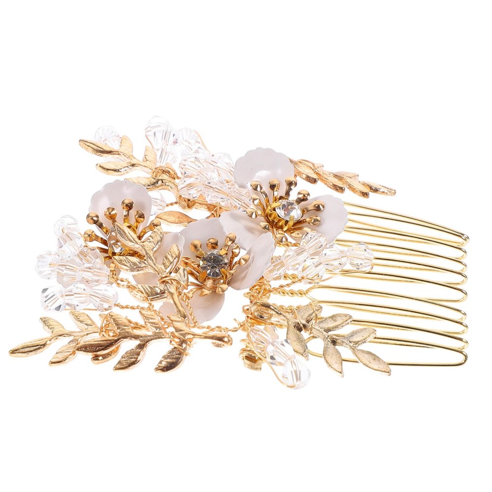 Decorative Zinc Alloy Hair Comb with Rhinestones, Golden Flowers
