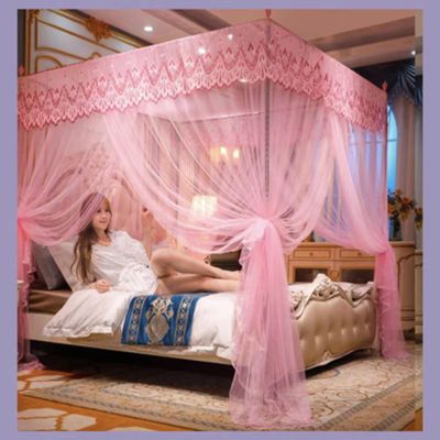 AdeptT 4-Corner Mosquito Net Holder, Thickened Canopy Bed Frame Posts with Curtain, Pink, Twin