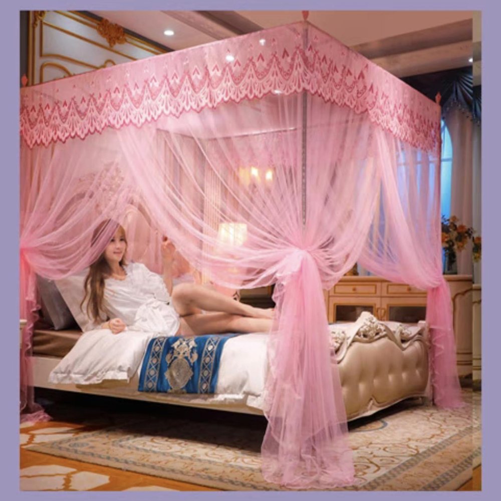 AdeptT 4-Corner Mosquito Net Holder, Thickened Canopy Bed Frame Posts with Curtain, Pink, Twin