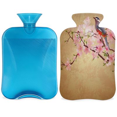 2 L Hot Water Bottle with Soft Fleece Cover and Bird-and-Flower Print