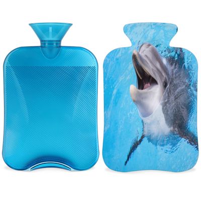Cute Hot Water Bottle with Fleece Cover, 2 L, Dolphin Design