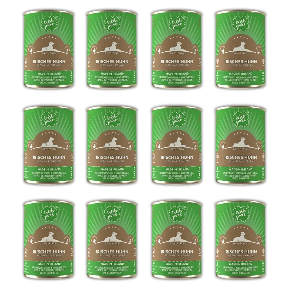 Irish Pure Premium Senior Wet Dog Food | 12 x 390 g | Irish Chicken | Vitamins | Grain-Free | Sensitive | with Superfood Kelp | All Breeds