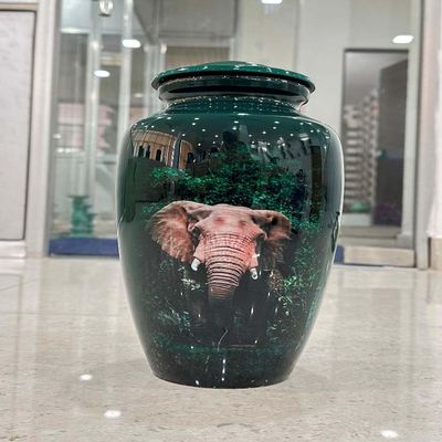 Decorative Green Human Ashes Urn with Elephant Pattern