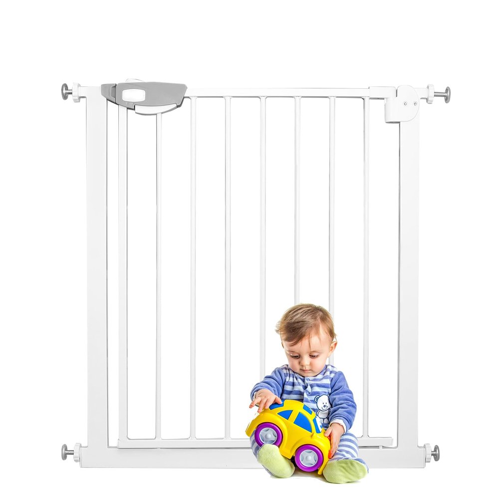 YARDIN Door and Stair Safety Gate Without Drilling, 75–85 cm, Baby and Pet Gate, Auto-Close, One-Hand Opening, White