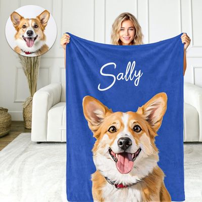 VEELU Personalized Pet Photo Blanket with Name, Blue