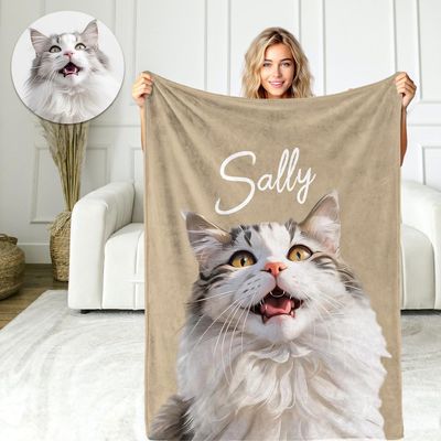 VEELU Personalized Pet Photo Blanket with Name, Coffee