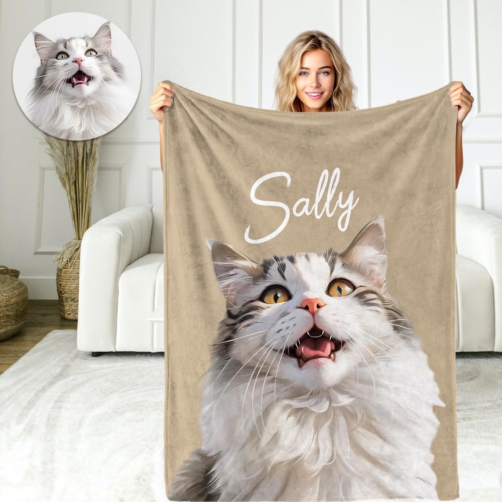 VEELU Personalized Pet Photo Blanket with Name, Coffee