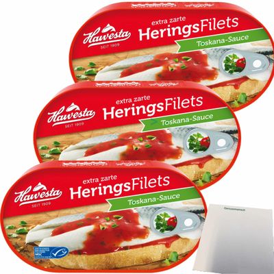 Hawesta Tender Herring Fillets in Tuscan Sauce MSC, 3-Pack (3 x 200 g Cans) + usy Block