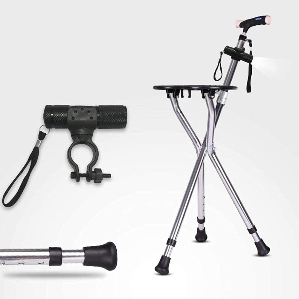 Height-Adjustable Medical Crutches with Seat, Foldable Stainless Steel Crutch Stool, WHE Old Man Walking Stick Stool, Foldable Tripod Seat with LED