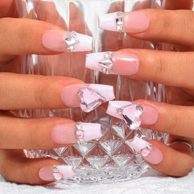 Sethexy French Long Coffin Pink Press-On Nails with 3D Crystal Heart