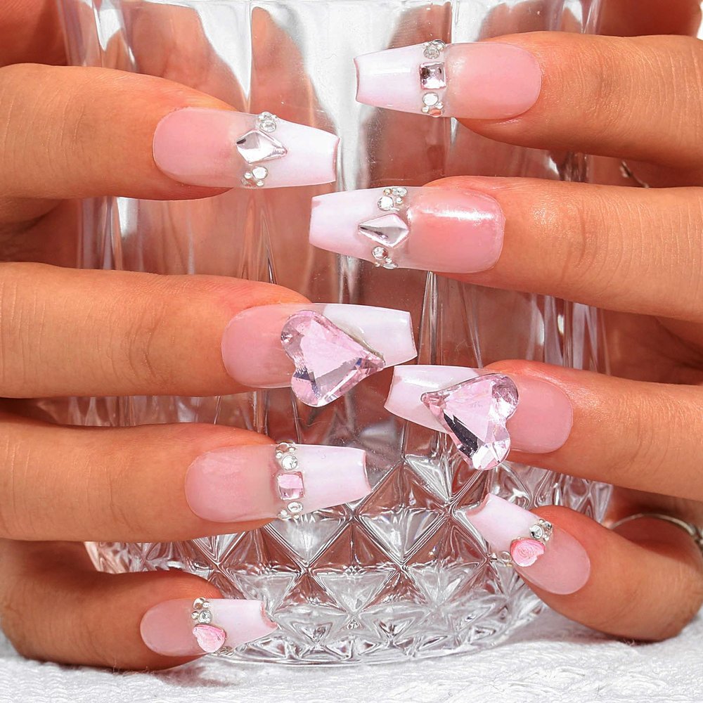 Sethexy French Long Coffin Pink Press-On Nails with 3D Crystal Heart