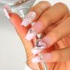 Sethexy French Long Coffin Pink Press-On Nails with 3D Crystal Heart view 2