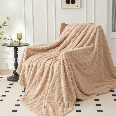 Chickwin Fleece Flannel Blanket, Diamond Jacquard, Solid Khaki, 150 x 200 cm