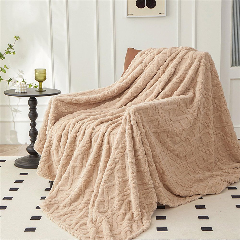 Chickwin Fleece Flannel Blanket, Diamond Jacquard, Solid Khaki, 150 x 200 cm