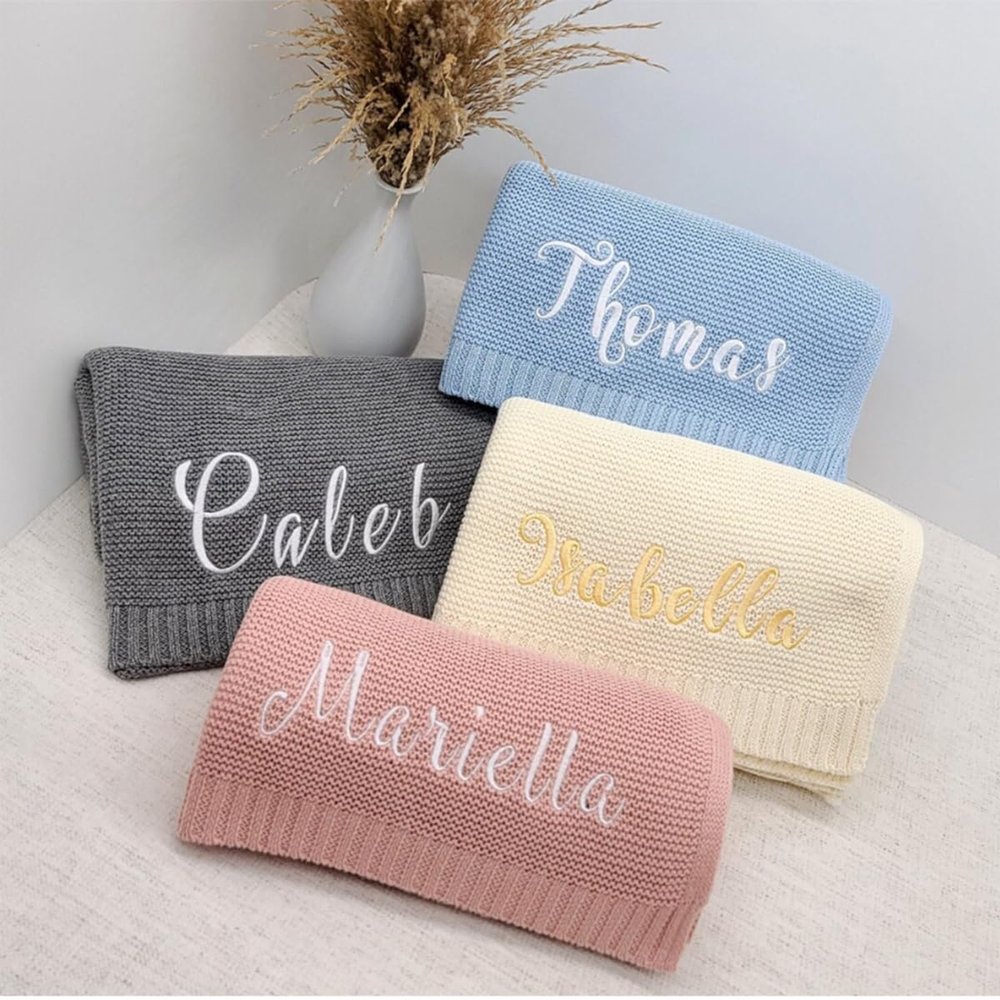 Reeg Personalized Embroidered Name Baby Blanket, Soft Breathable Knitted Cotton Blanket