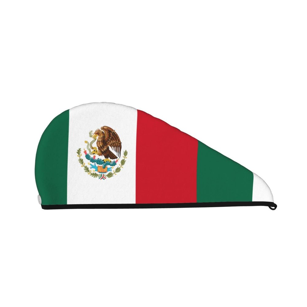 Cifeprak Mexican Flag Hair Towel with Button, Coral Velvet Hair Drying Turban