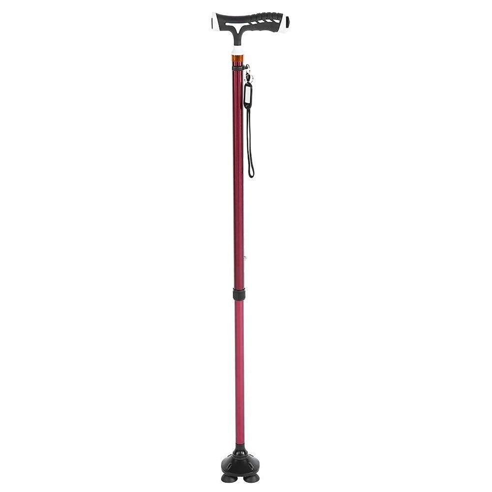 Height-Adjustable Aluminum Walking Cane with T-Handle and 4-Prong Base