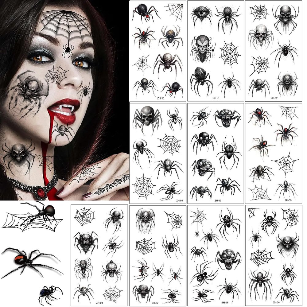 Halloween Spider and Cobweb Temporary Tattoos, 10 Sheets