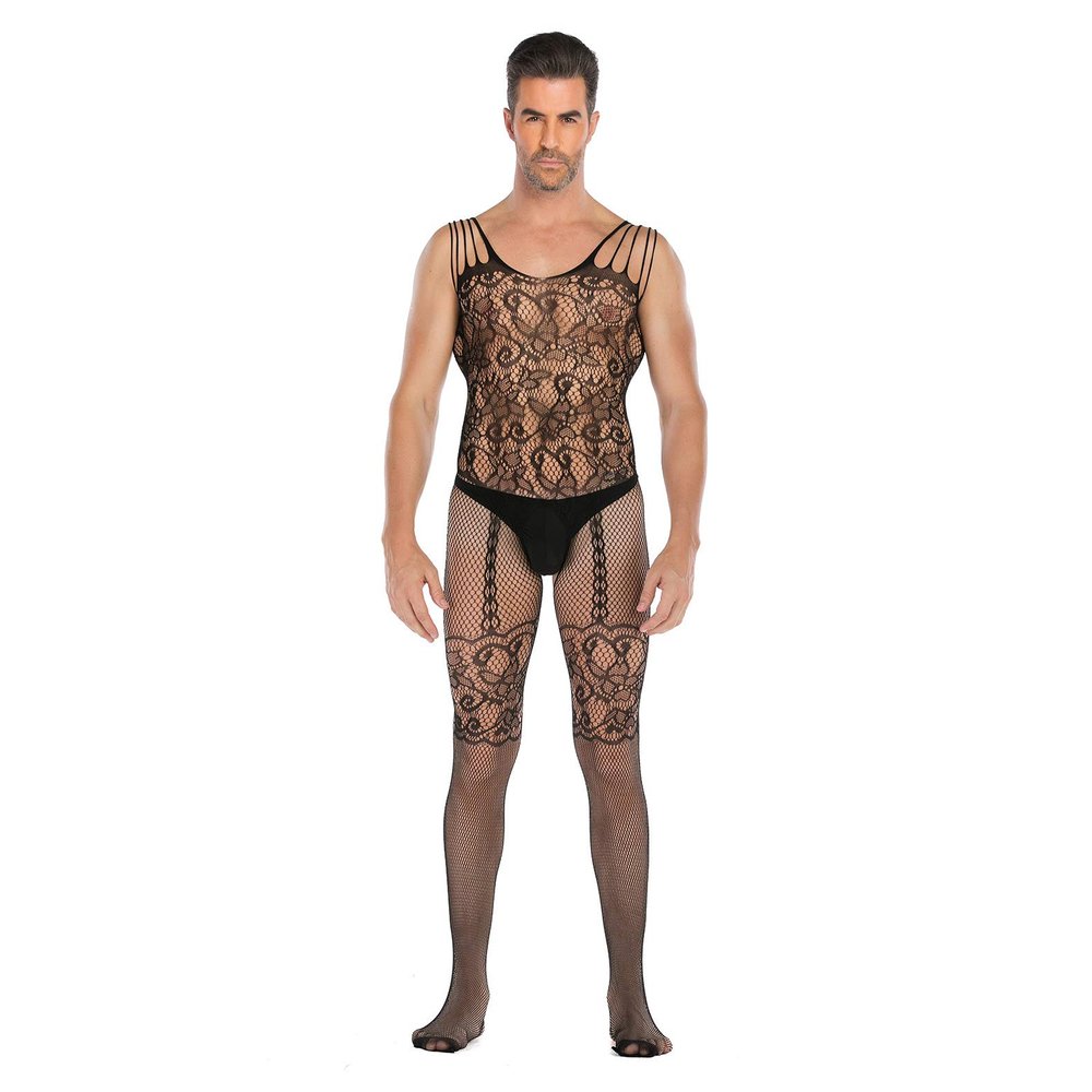 Czizitong Men's Black Sleeveless Mesh Bodystocking, One Size