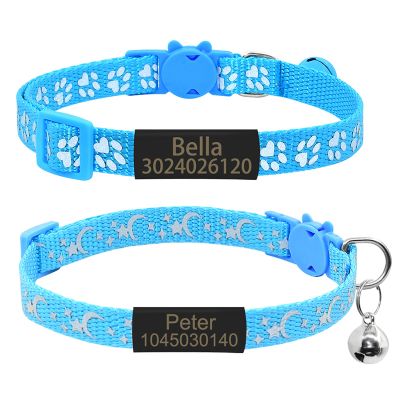 SARUEL Personalized 2-Pack Reflective Cat Collars with Nameplates, Safety Breakaway, Stars and Moons, Bell, Black/Blue, S (20–32 cm)