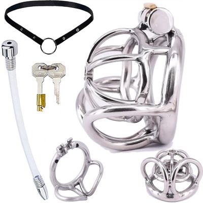 ScreaAss Extra-Small Metal Penile Cage with Urethral Dilator, Double Testicle Rings & Belt Set, Silver, 50 mm
