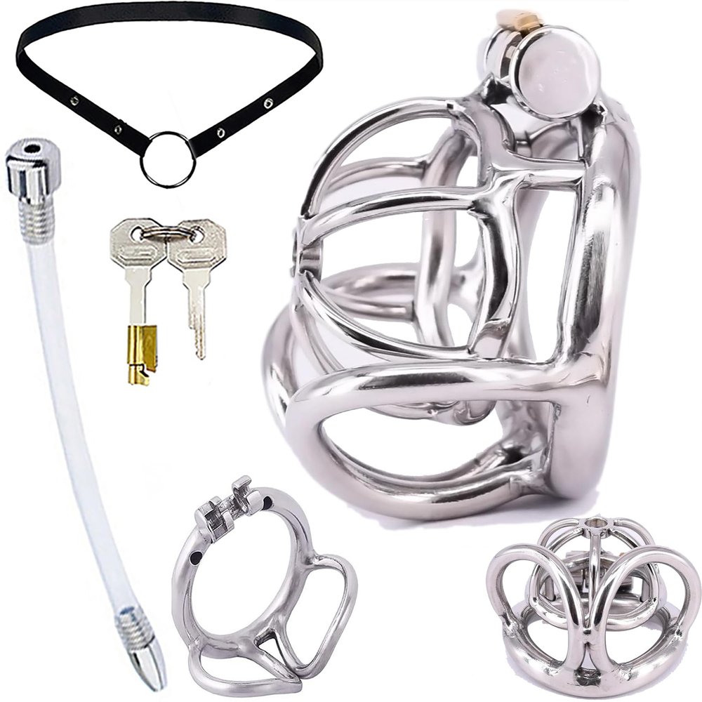 ScreaAss Extra-Small Metal Penile Cage with Urethral Dilator, Double Testicle Rings & Belt Set, Silver, 50 mm