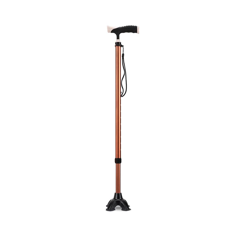 Adjustable Quad-Base Walking Cane for Older Men, Aluminum, Brown and Gold