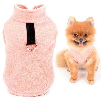 SMALLLEE_LUCKY_STORE Solid Color Puppy Fleece Sweater with Leash Ring for Small Dogs and Cats, Pink, Size L