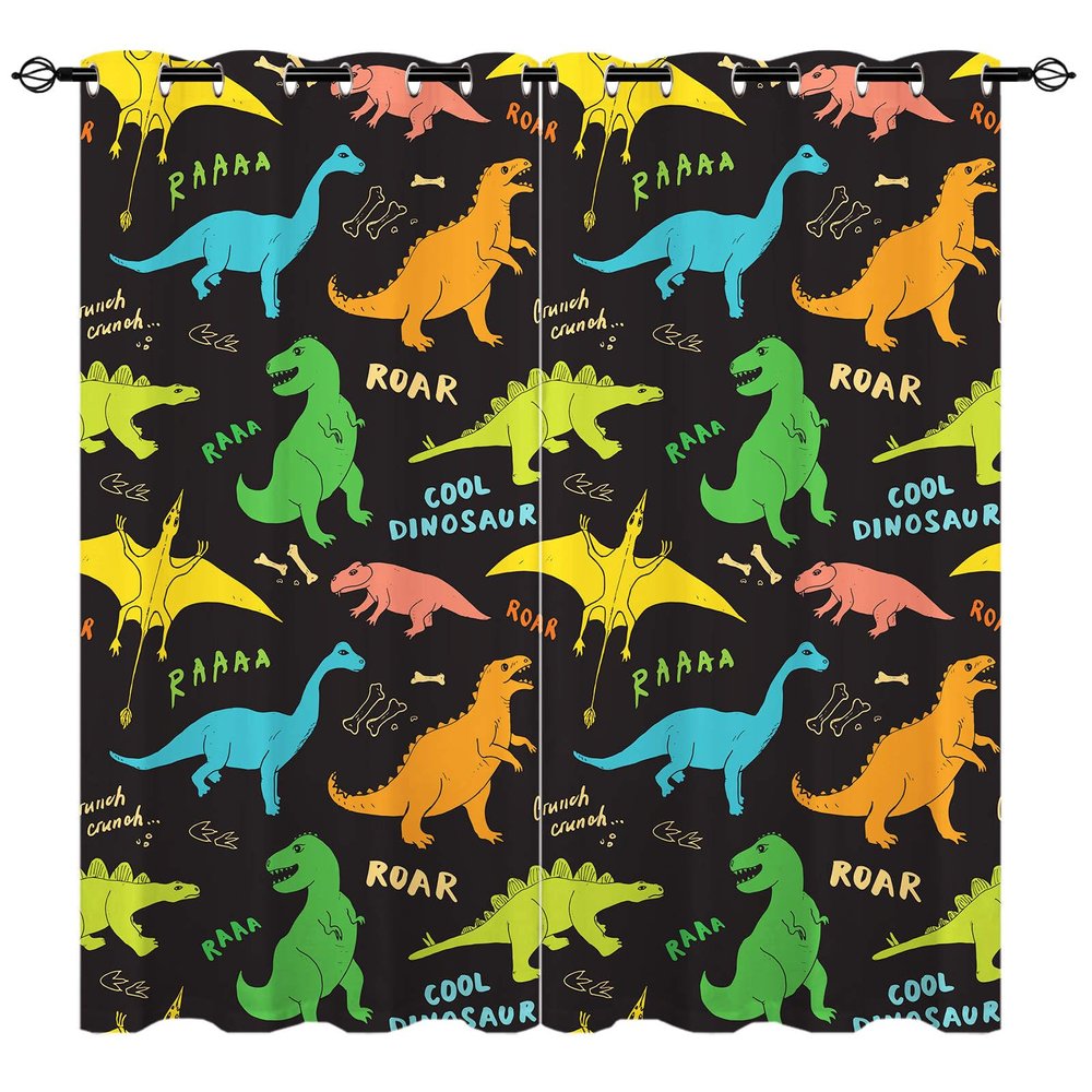 YUANZU Dinosaur Blackout Curtains for Kids, Dino Doodles, Grommet Panels, 2-Piece Set, H 137 x W 132 cm
