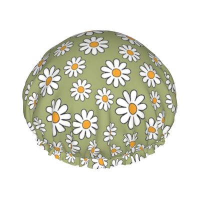 Shower Cap, 1970s Retro Daisy Flower Pattern, Reusable, Elastic, Waterproof