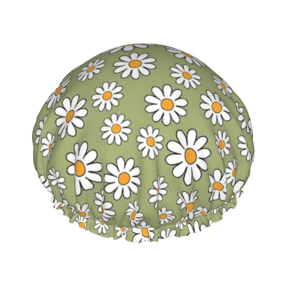 Shower Cap, 1970s Retro Daisy Flower Pattern, Reusable, Elastic, Waterproof