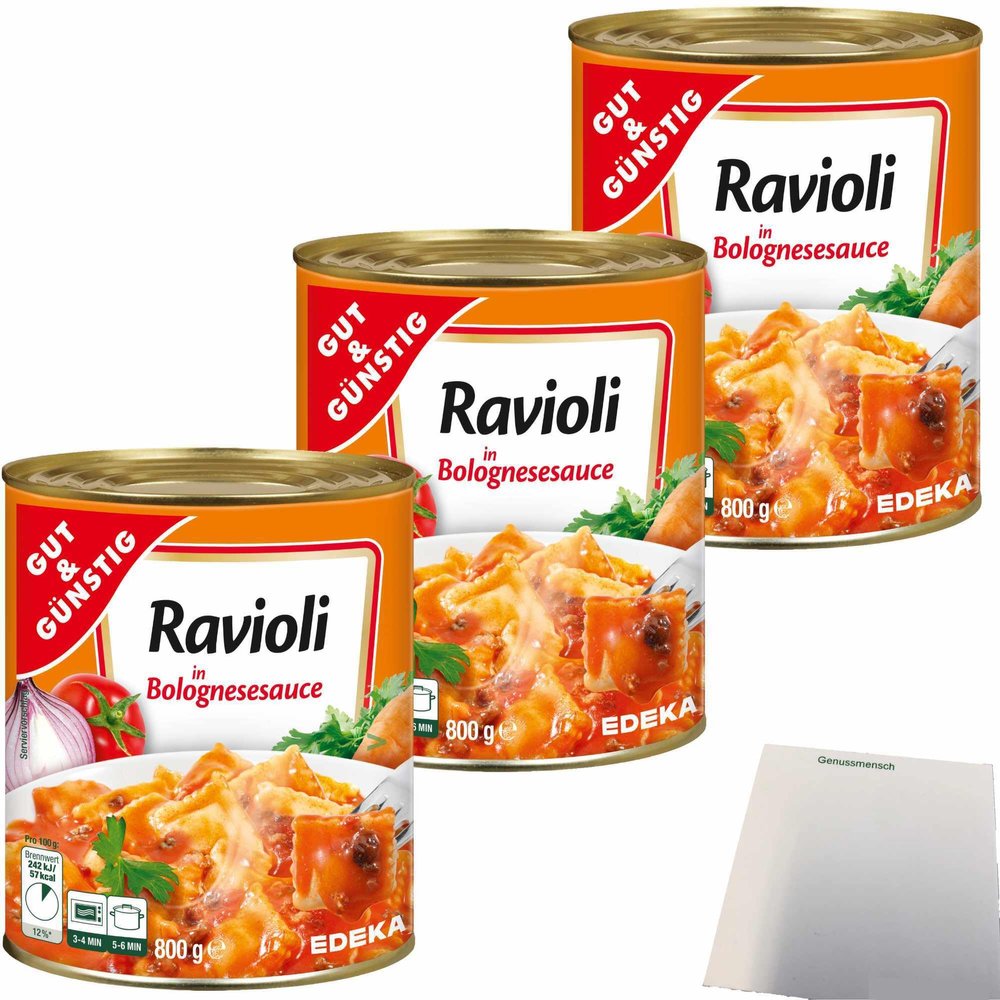 Gut & Günstig Ravioli in Bolognese Sauce, 3 x 800 g Cans + Üsy Block