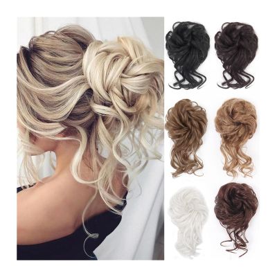 Messy Bun Hairpiece, Synthetic Wavy Curly Updo with Elastic Band and Loose Strands, Hair Extension for Women