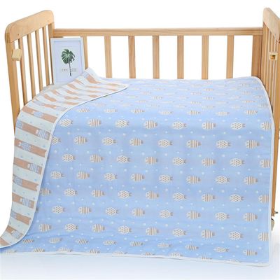 Chickwin 6-Layer Cotton Muslin Baby Blanket, Jacquard, Soft and Cozy, Blue Fish, 110 x 110 cm