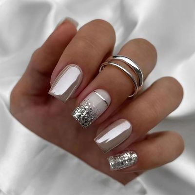 Clataly 24-Piece Square Silver Glitter Press-On Artificial Nails