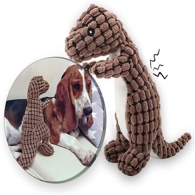 Andiker Plush Dog Toy with Squeaker - Dinosaur Shape (Brown)